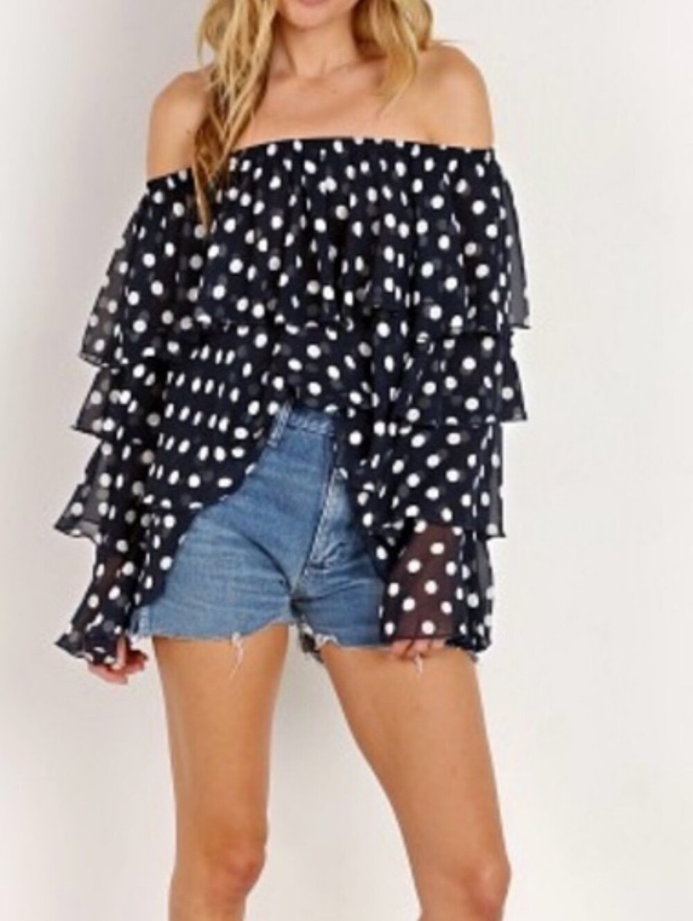 Show Me Your MuMu CHI CHI Navy Off-Shoulder Polka Dot Tiered Blouse Size L